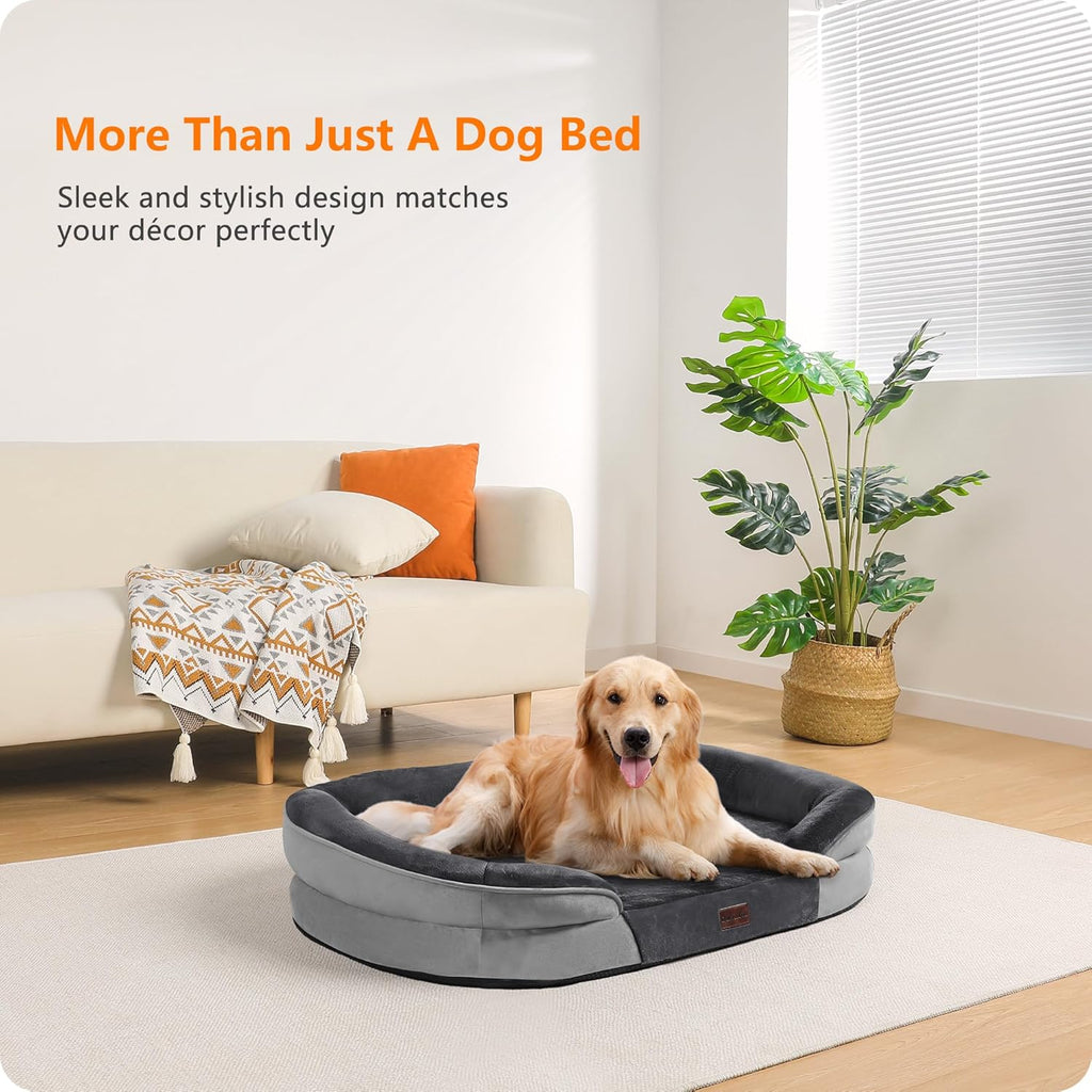 Orthopedic Dog Bed for Large Dogs with Gel Memory Foam, Waterproof Dog Sofa, Washable Pet Bed with Four Sided Bolster Cushion, Removable Cover & Non-Slip Bottom, Dark Gray