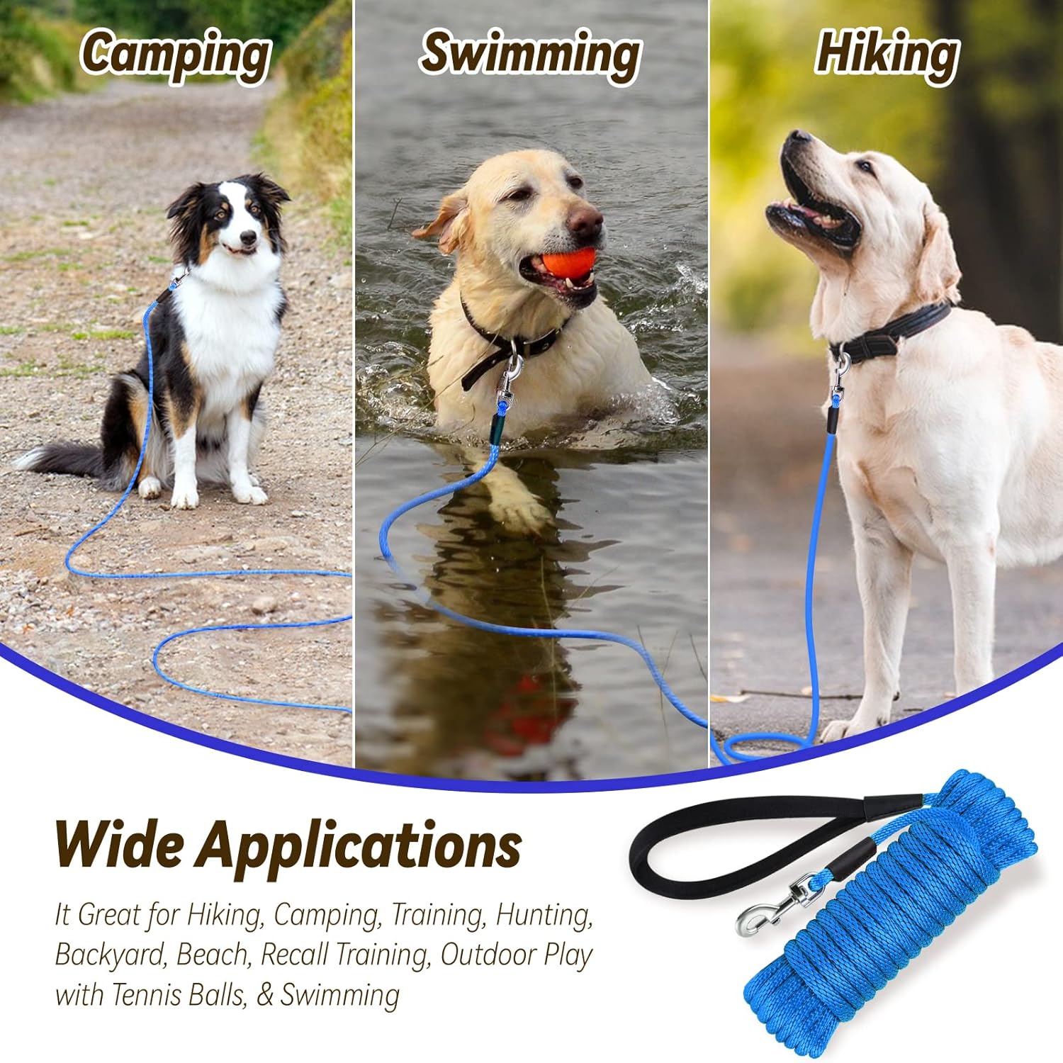 Check Cord Dog Leash Long Lead Training Tracking Line Comfortable Handle Heavy Duty Puppy Rope 10ft 15ft 30ft 50ft for Small Medium Large Dog