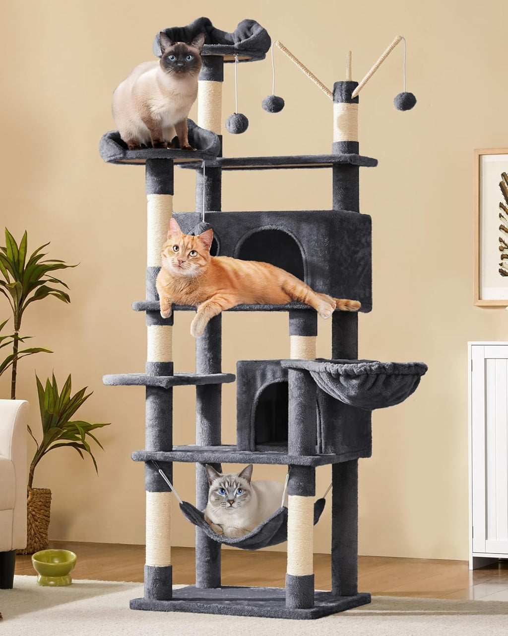Yaheetech Cat Tree, 67in Large Tower w/ 3 Removable Teaser Sticks, 2 Kitten-Ear Shaped Perches, 2 Condos, Hammock, Scratching Post, Multi Level Pet House, Dark Gray