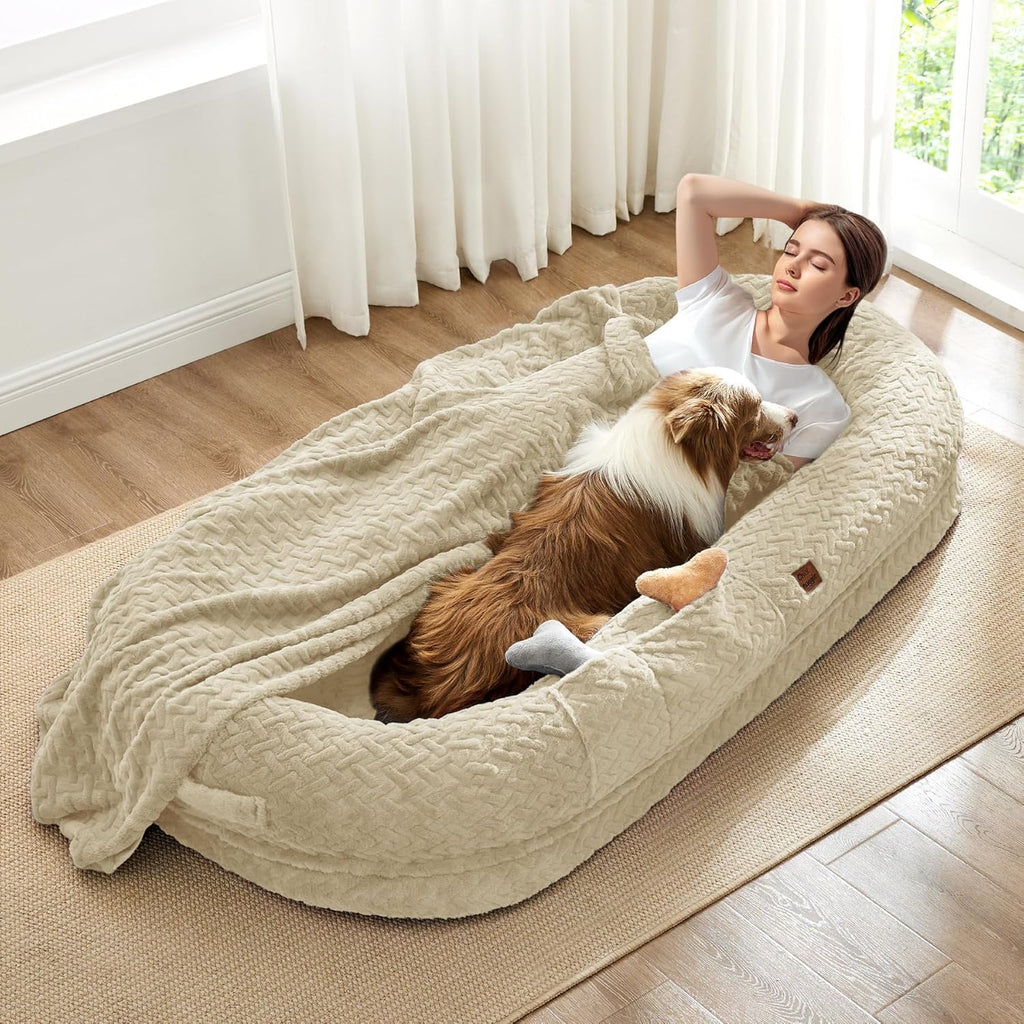 Human Dog Bed for Adult - Luxury Faux Fur Giant Size Dog Bed with Portable Handle, Egg Orthopedic Foam Bed with Blanket,, Linen