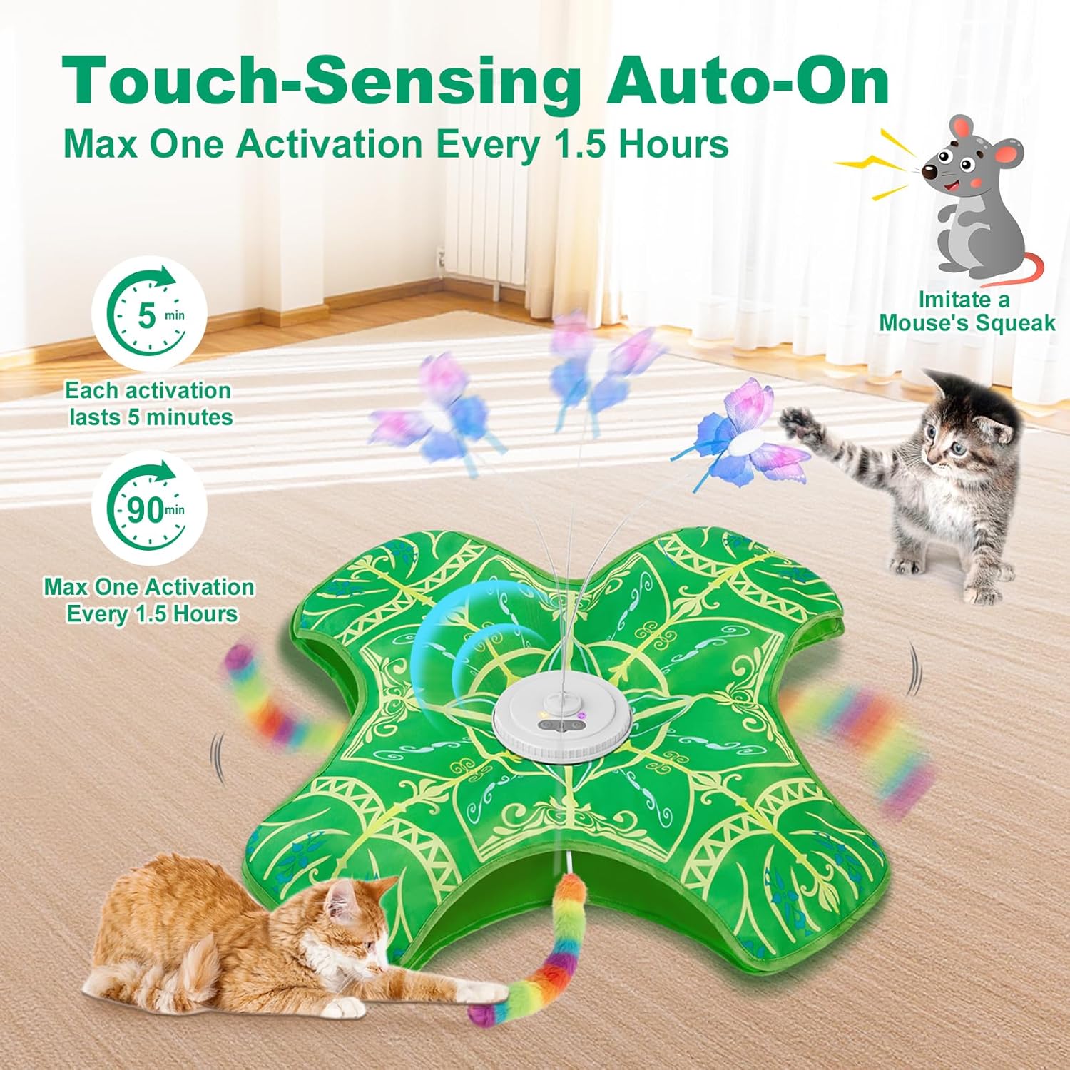 Interactive Cat Toys for Indoor Cats,[Newly Upgraded] Rechargeable Touch Activated Hide and Seek Kitten Toys for Bored Indoor Adult Cats with Fluttering (Green)