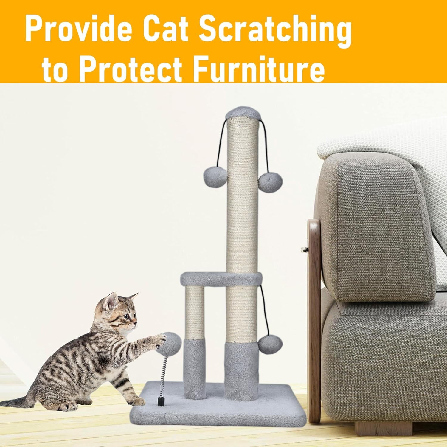 Tall Cat Scratching Post, Double Lower Posts Extra Stable Cat Post Tree Scratcher with Sisal Rope and Teasing 4 Balls Total Large Base