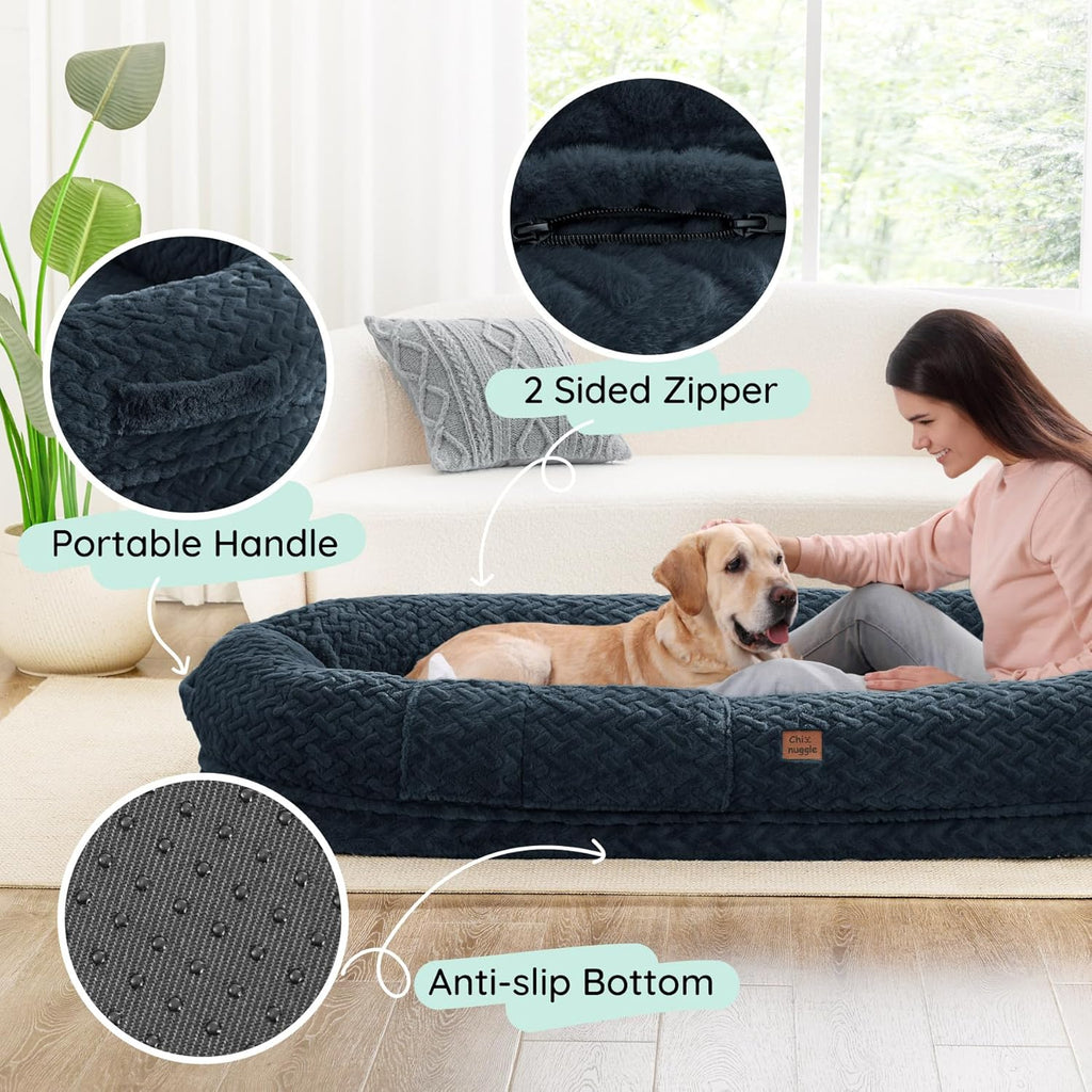 Human Dog Bed for Adult - Luxury Faux Fur Giant Size Dog Bed with Portable Handle, Egg Orthopedic Foam with Blanket,, Navy