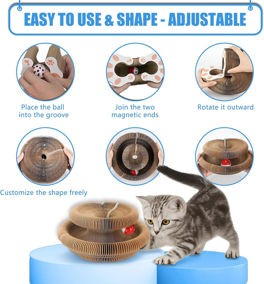2-Pack Kitty Kurls Cat Scratcher – Foldable Magic Organ Cat Scratcher Board, Reversible Corrugated Cardboard Kitty Scratching Toy with 2 Bell Balls for Indoor Exercise