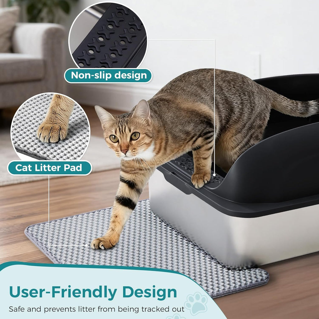 Stainless Steel Cat Litter Box with Lid, Large Cat Litter Box for Big Cats, High Wall Sides, Anti-Urine Leakage, Easy Cleaning, Scoop and Mat Included, Black