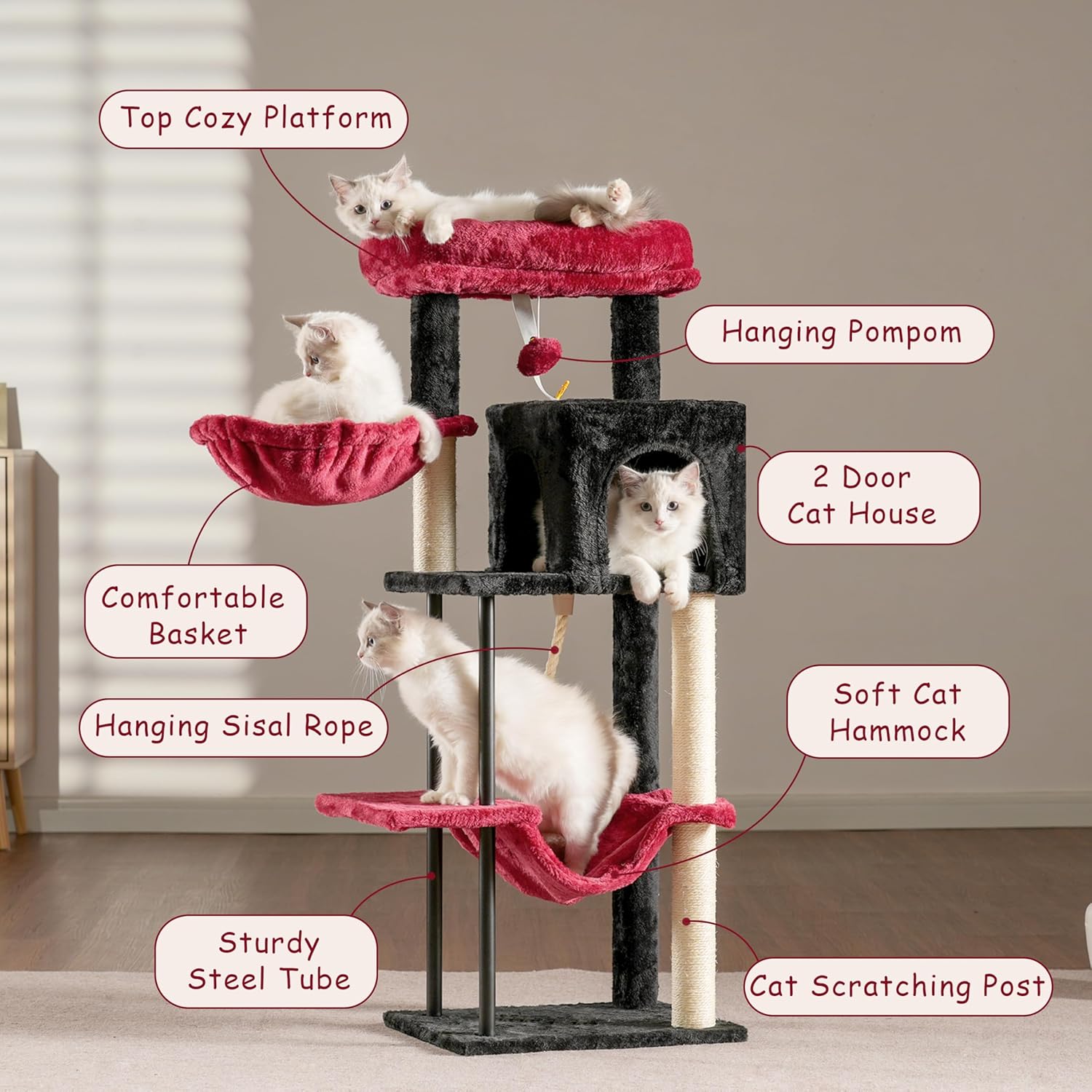 Cat Tree, Cat Tower for Indoor Cats, 43.3 inch Gothic Cat Tree Tower with Sturdy Steel Tube, Hammock, Cat Condo for Small Cats and Kittens, Scratching Post, Black and red