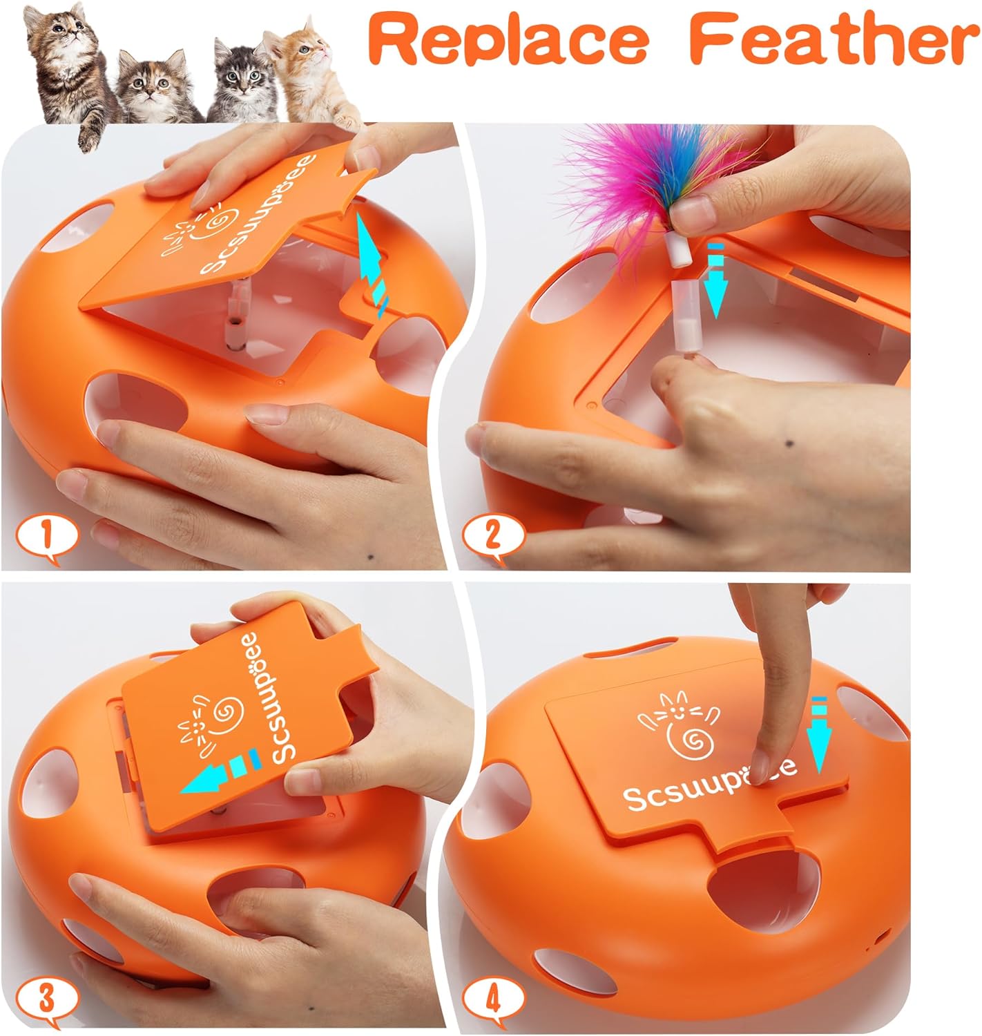 IInteractive Cat Toy, Electric Cat Toys for Moving Concealed Feathers, Smart Sensor 7 Holes Whack a Mole Feather Toy, USB Charge Automatic Kitten Toys,orange