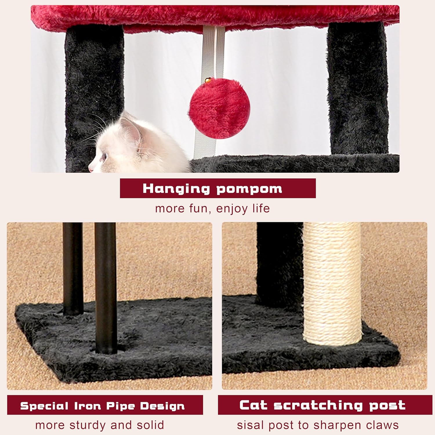 Cat Tree, Cat Tower for Indoor Cats, 43.3 inch Gothic Cat Tree Tower with Sturdy Steel Tube, Hammock, Cat Condo for Small Cats and Kittens, Scratching Post, Black and red
