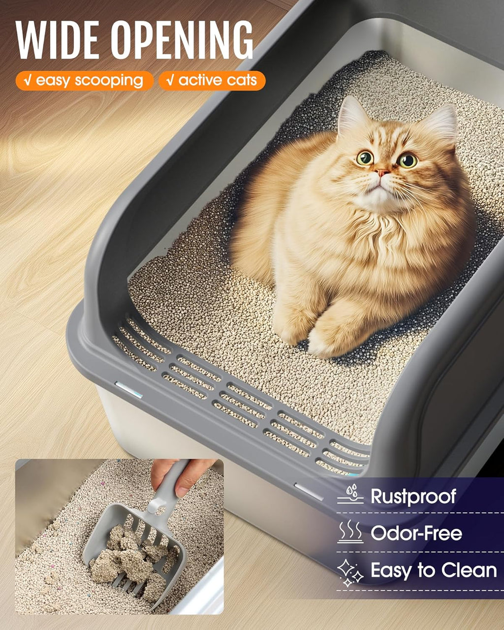 Cat Litter Box - Stainless Steel Litter Box with Scatter-Proof Elevated Step Board for Kitty Use, Robust & Non-Sticky Metal Cat Box with Scoop, Grey