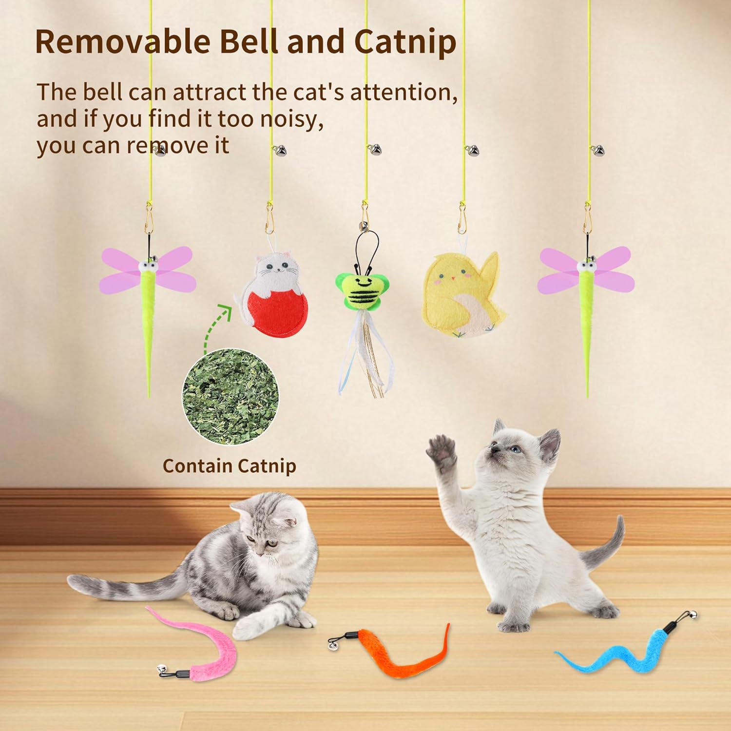 Interactive Cat Toys, 1 Interactive Wand, 8 Assorted Teaser Refills and 3 Indoor Cat Hanging Interactive Toy Suitable for Bored Adult Cats and Kittens Play Chase Exercise