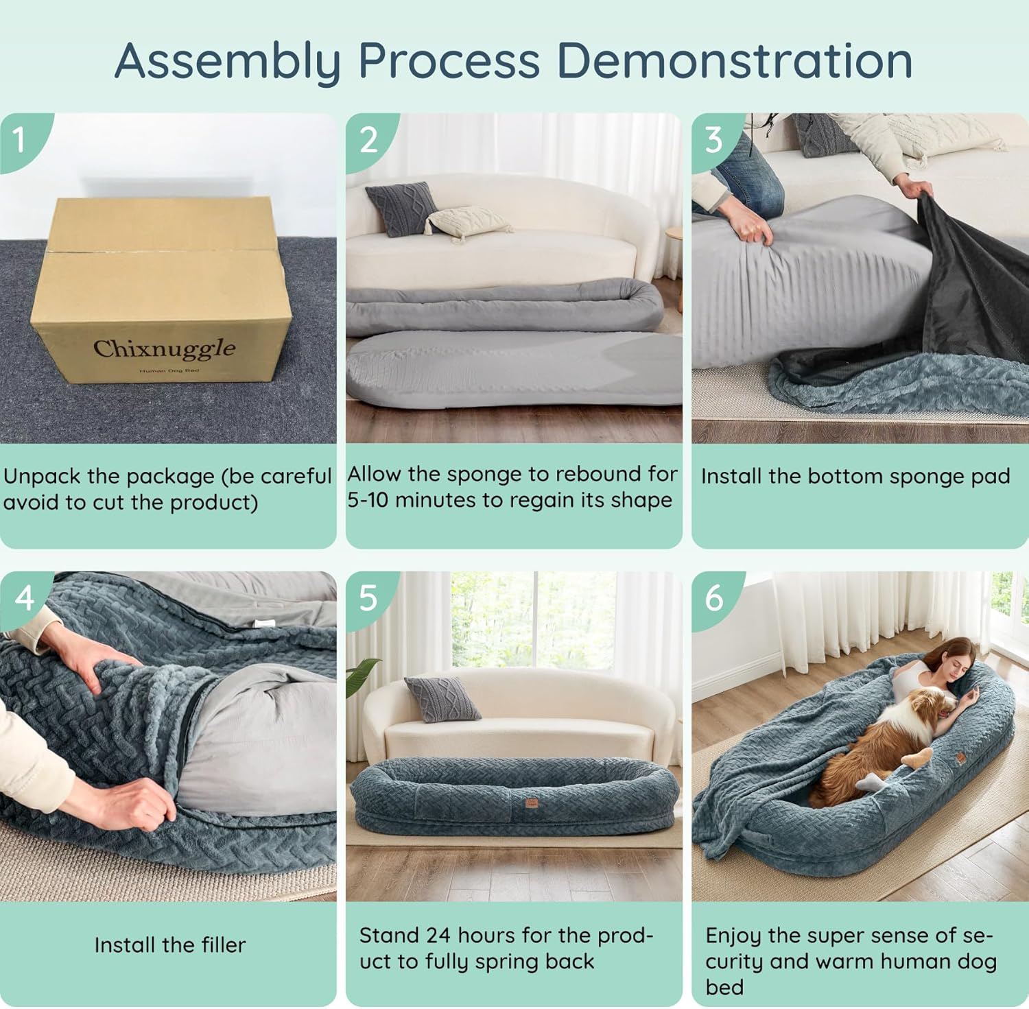 Human Dog Bed for Adult - Luxury Faux Fur Giant Size Dog Bed with Portable Handle, Egg Orthopedic Foam with Blanket,, Navy