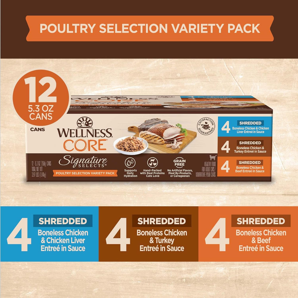 Signature Selects Shredded Adult Wet Cat Food, Natural, Protein-Rich, Grain Free, 5.3 Ounce, 12 Pack (Poultry Variety Pack)