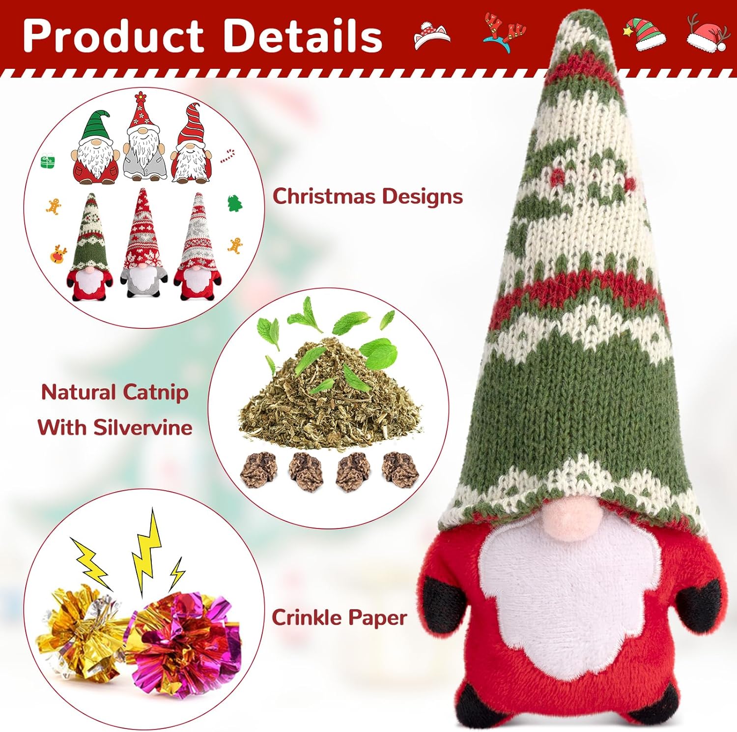 Christmas Cat Toys, Xmas Catnip Toys for Indoor Kitten Kitty, Safe Kitten Teeth Cleaning Toy, Interactive Cat Chew Kitty Kicker Toy Santa Claus