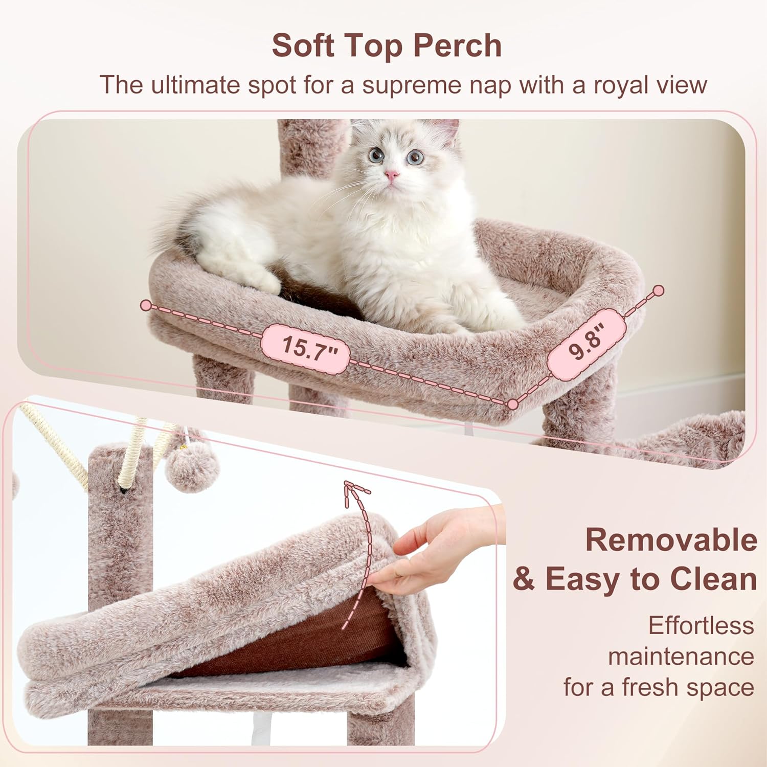 Cat Tree, 45.3-Inch Cat Tower for Indoor Cats with Large Perch, All-in-One Cat Furniture with Cozy Bed, Hidden Space Cat Condo, Comfy Hammock, Scratching Posts & 3 Pompoms, Muchroom