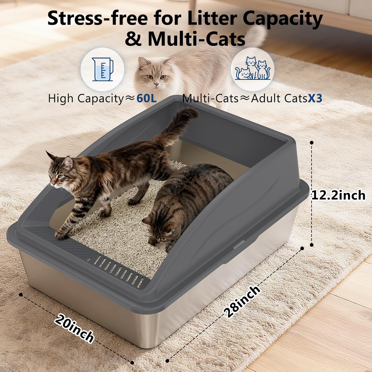 Stainless Steel Litter Box H Super Large Stainless Steel Litter Box, Suitable for Large Cats and Multiple Cats, Non-Sticky, Anti-Leakage, Easy to Clean