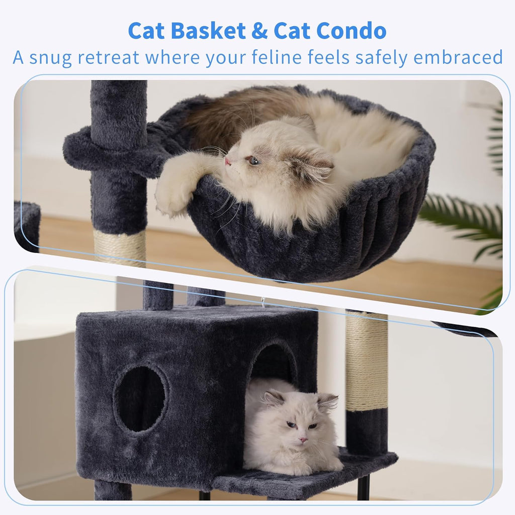 Cat Tree, 49.2 Inches Cat Tower for Indoor Cats, Spacious Cat House Condo with Hidden Space，Sturdy Steel Tube，Soft Plush Top Perch，Cozy Hammock and Sisal Scratching Posts, Smoky Gray