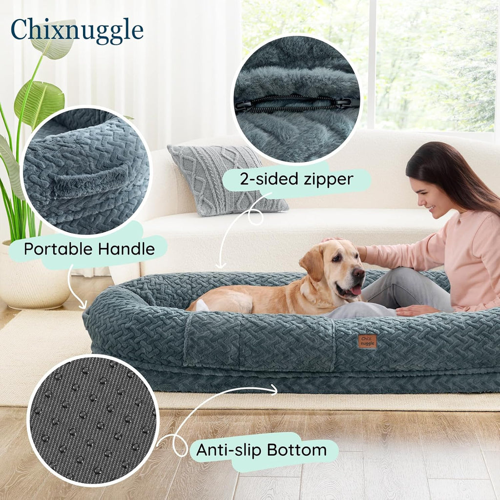 Click to see full view      3+  7 VIDEOS Human Dog Bed for Adult - Luxury Faux Fur Giant Size Dog Bed with Portable Handle, Egg Orthopedic Foam Bed with BlanketGrayish Blue