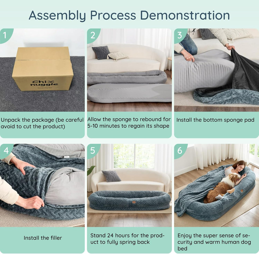 Human Dog Bed for Adult - Luxury Faux Fur Giant Size Dog Bed with Portable Handle, Egg Orthopedic Foam Bed with Blanket,, Linen