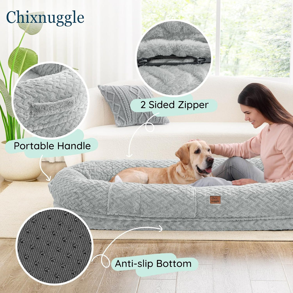Human Dog Bed for Adult - Luxury Faux Fur Giant Size Dog Bed with Portable Handle, Egg Orthopedic Foam with Blanket, Light Grey