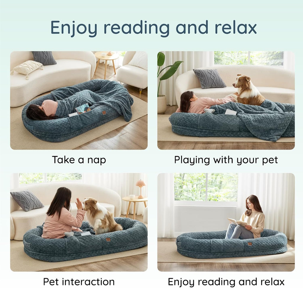 Click to see full view      3+  7 VIDEOS Human Dog Bed for Adult - Luxury Faux Fur Giant Size Dog Bed with Portable Handle, Egg Orthopedic Foam Bed with BlanketGrayish Blue