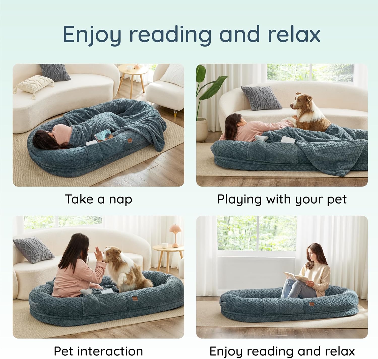 Click to see full view      3+  7 VIDEOS Human Dog Bed for Adult - Luxury Faux Fur Giant Size Dog Bed with Portable Handle, Egg Orthopedic Foam Bed with BlanketGrayish Blue