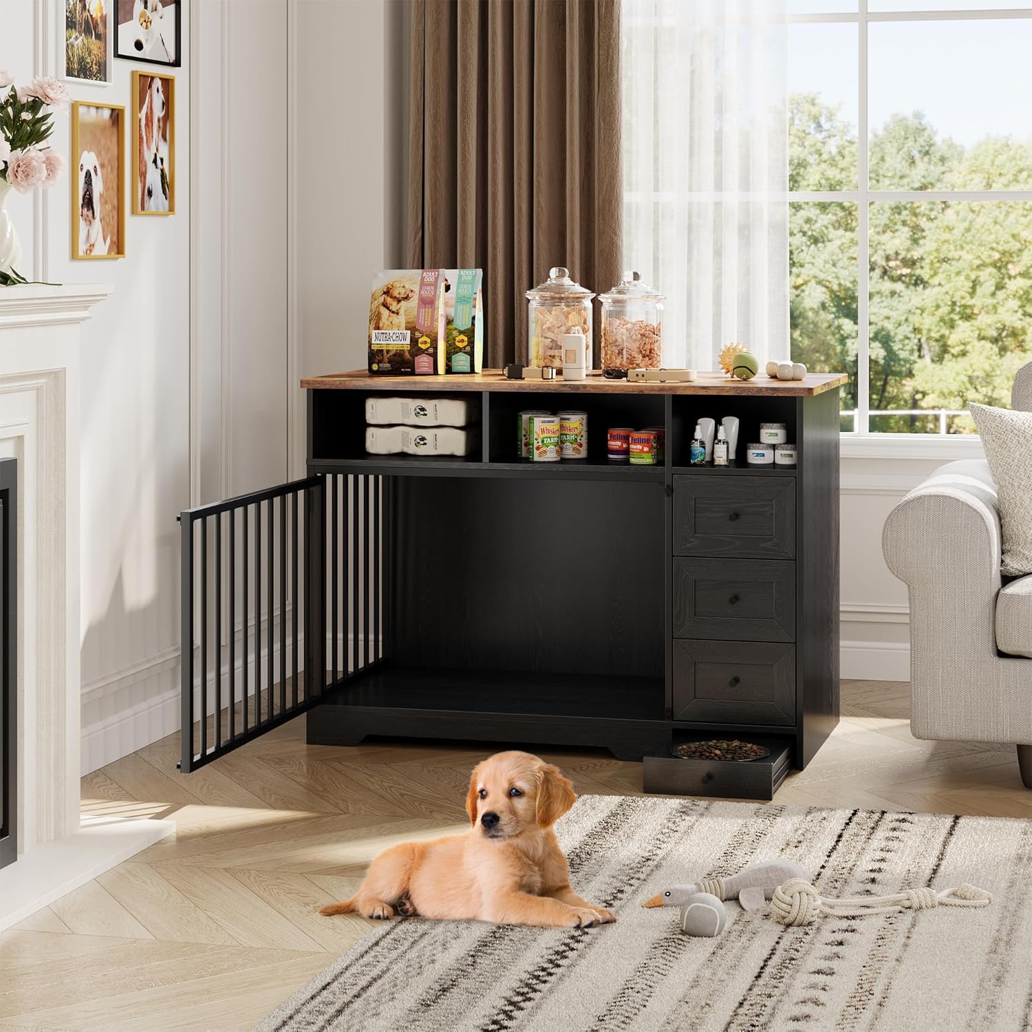 Dog Crate Furniture, Farmhouse Heavy Duty Dog Kennel with Bowl & Storage Drawers, Medium Dog Cage End Table for Small Medium Dogs, Black