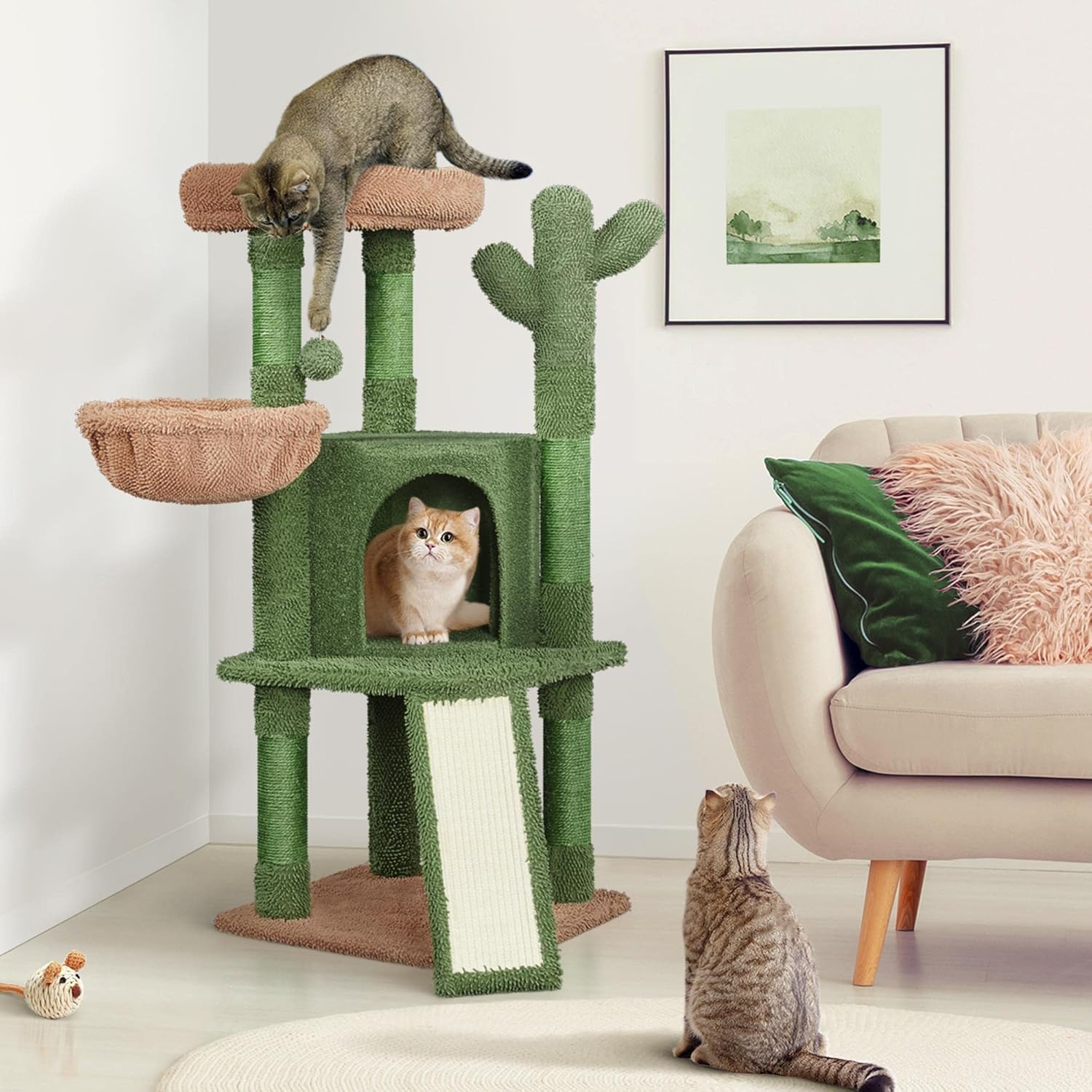 Cactus Cat Tree, 42in Cat Tower for Indoor Cats, Multi Level Kitten Condo Scratching Post, Cat Activity Center Pet Furniture w/Ball, Plush Perch, Platform, Basket