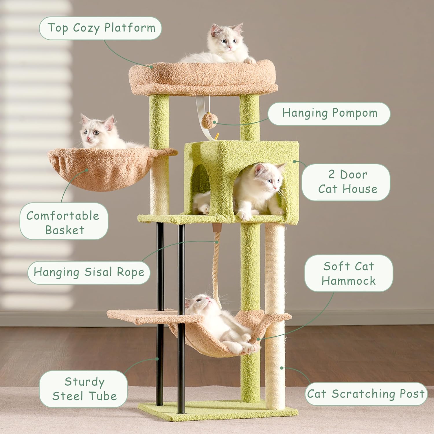 Cat Tree, Cat Tower for Indoor Cats, 43.3 inch Cactus Cat Tree Tower with Sturdy Steel Tube, Hammock, Cat Condo for Small Cats and Kittens, Scratching Post