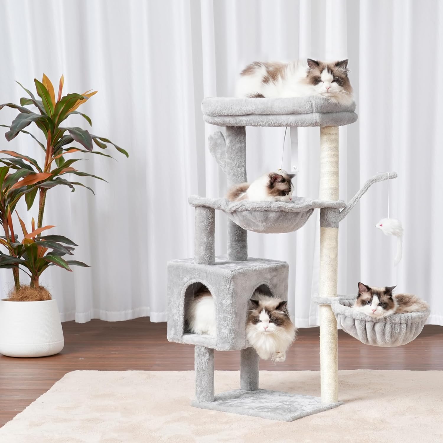 Cat Tree, 39.4 Inches Tower Condo with Scratching Post, Cat Tower for Indoor Cats, Fully Wrapped Sisal Pole, Soft Platform, 2 Baskets and Dangling Toy, Light Gray HCT006SW