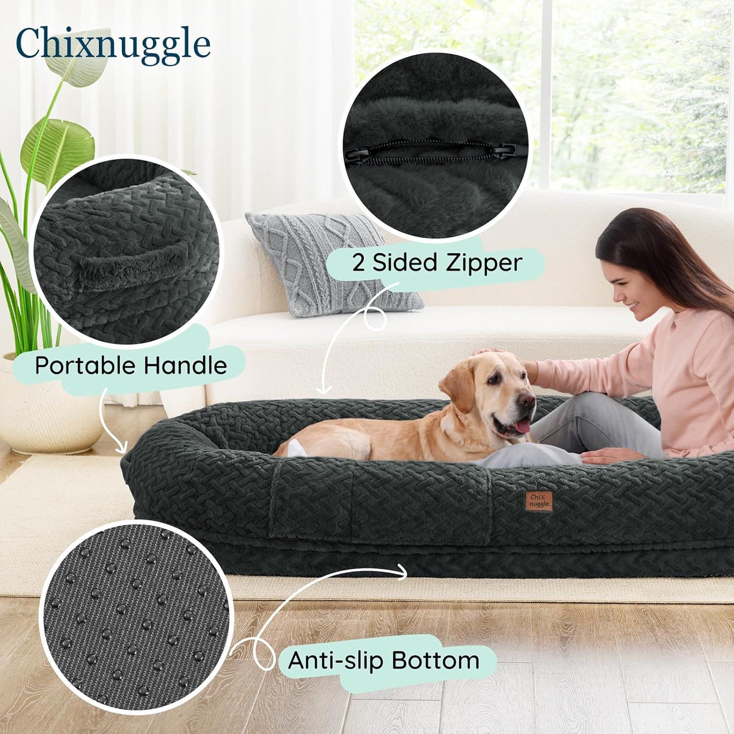 Human Dog Bed for Adult - Luxury Faux Fur Giant Size Dog Bed with Portable Handle, Egg Orthopedic Foam with Blanket,, Dark Grey