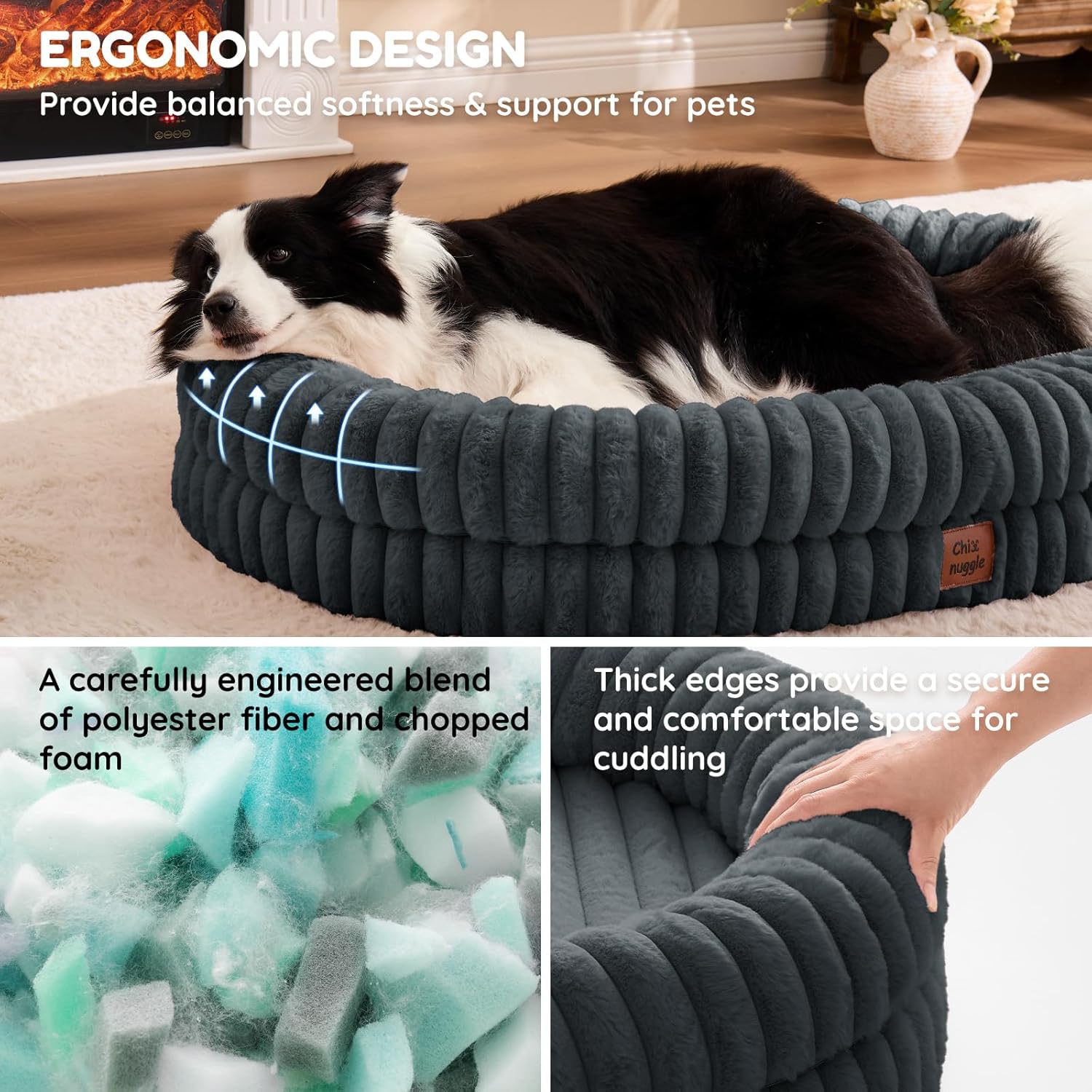 Dog Bed - Luxury Striped Faux Fur Waterproof Pet Couch with Removable Washable Cover, Orthopedic Dog Bed with Bolster Sides for Sleeping, Dark Grey