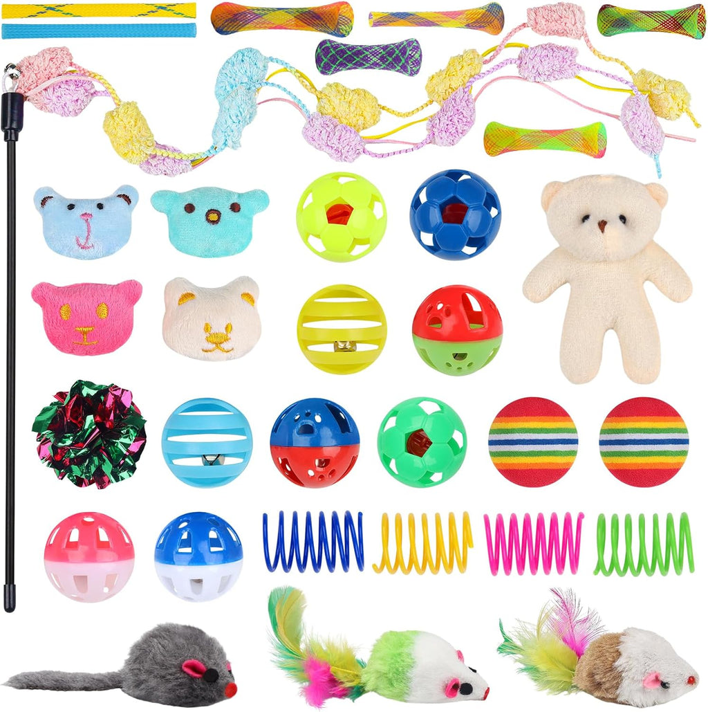 30 Pcs Cat Toy Kitten Toys Set, Interactive Cat Toy Wand Cat Springs Ball Toy with Bells, Cat Toys for Bored Indoor Cats, Gift Box Styles