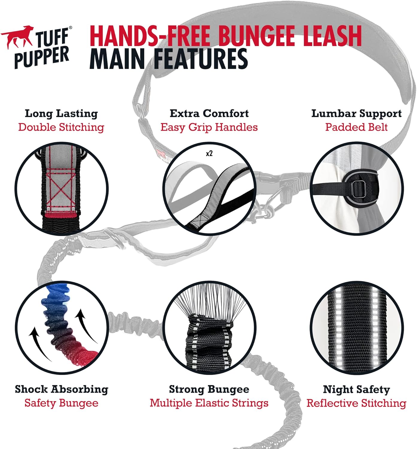 Heavy Duty Hands Free Dog Leash | One Large Dog Up to 125 lbs | Comfortable Shock Absorbing Bungee | Reflective Padded Handles | Lumbar Waist Belt 26-38" | Walking Jogging Running Leash