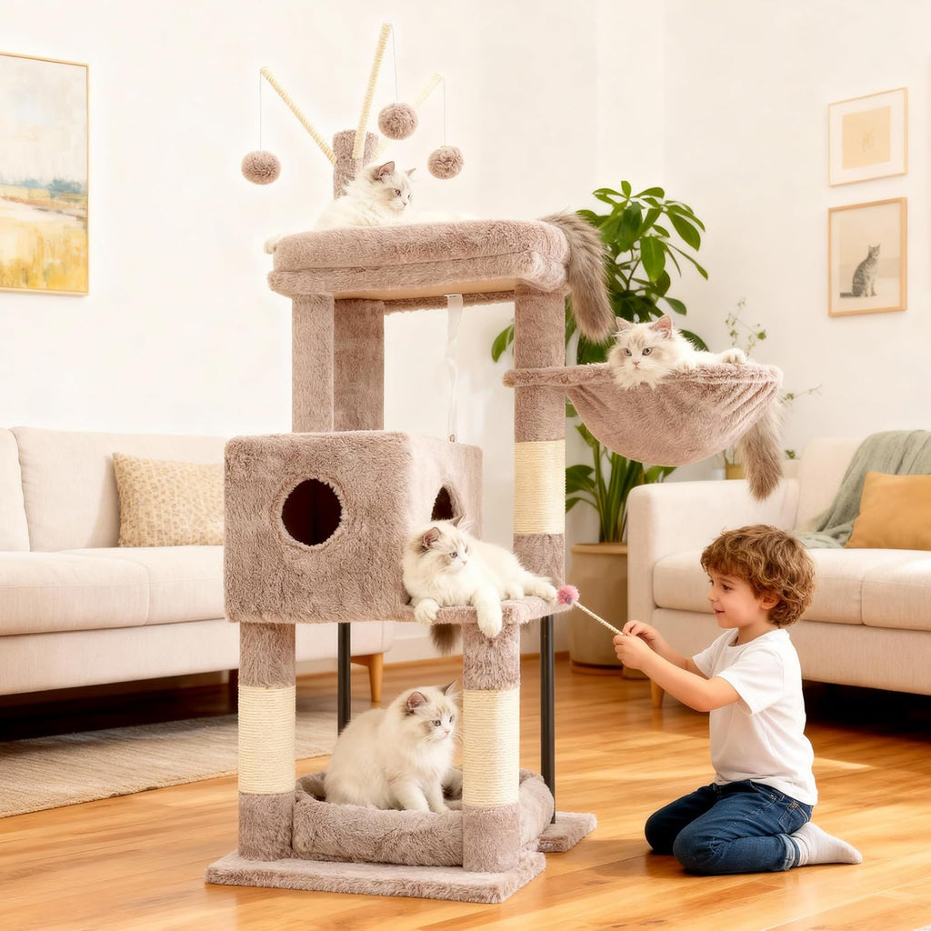 Cat Tree, 45.3-Inch Cat Tower for Indoor Cats with Large Perch, All-in-One Cat Furniture with Cozy Bed, Hidden Space Cat Condo, Comfy Hammock, Scratching Posts & 3 Pompoms, Muchroom