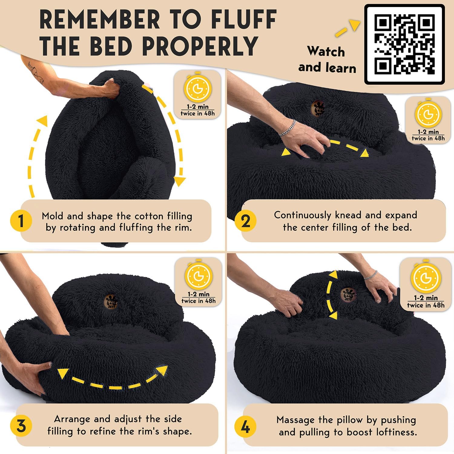 Calming Donut Dog Bed – Fluffy Faux Fur, Anti-Slip (Black)