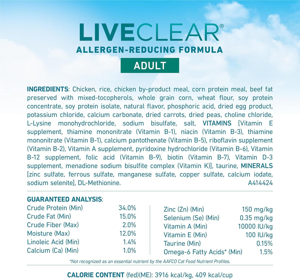 LiveClear Allergen-Reducing Cat Food Dry Formula with Real Chicken As The Number One Ingredient - 3 lb. Bag