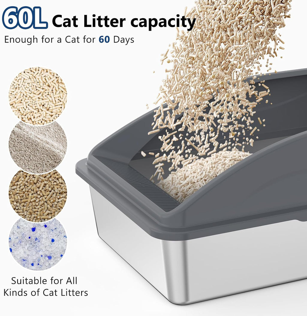 Stainless Steel Litter Box H Super Large Stainless Steel Litter Box, Suitable for Large Cats and Multiple Cats, Non-Sticky, Anti-Leakage, Easy to Clean