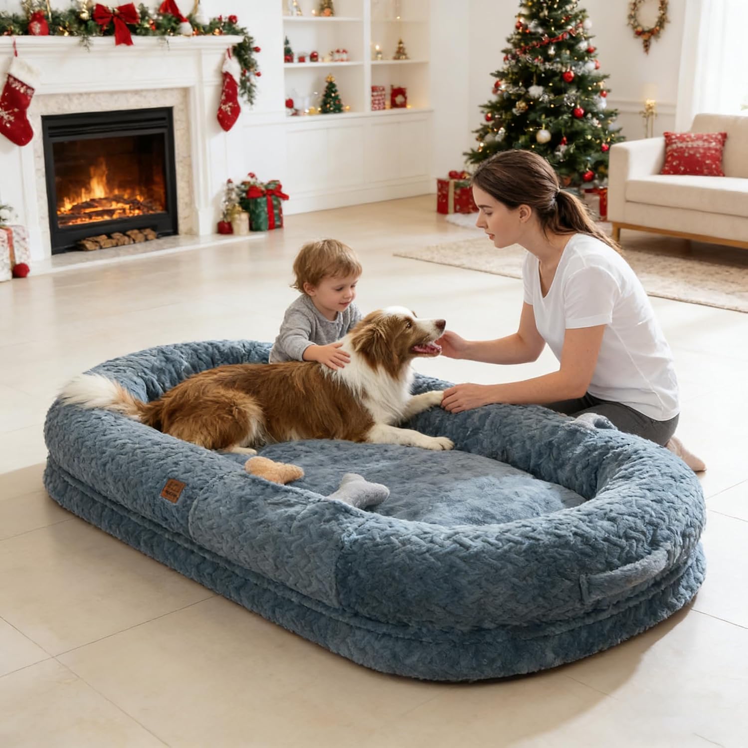 Click to see full view      3+  7 VIDEOS Human Dog Bed for Adult - Luxury Faux Fur Giant Size Dog Bed with Portable Handle, Egg Orthopedic Foam Bed with BlanketGrayish Blue