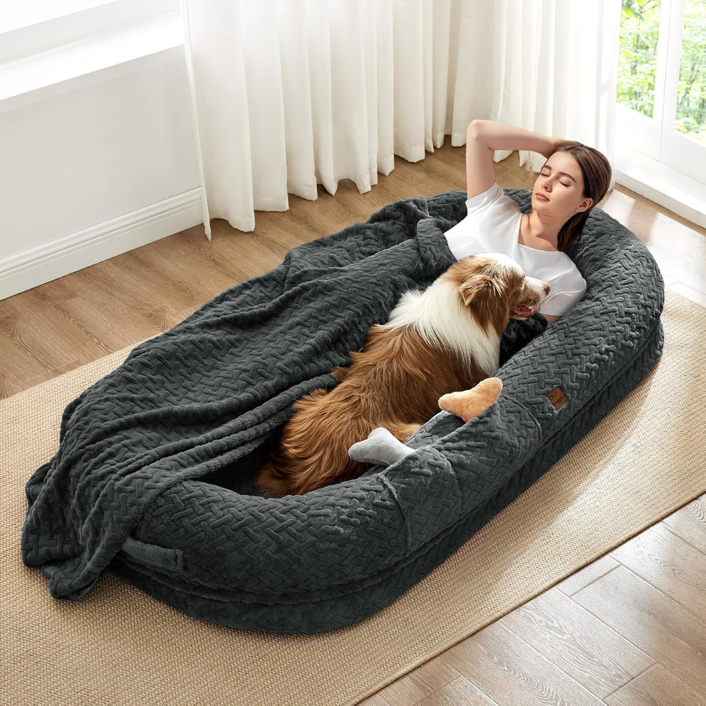 Human Dog Bed for Adult - Luxury Faux Fur Giant Size Dog Bed with Portable Handle, Egg Orthopedic Foam with Blanket,, Dark Grey