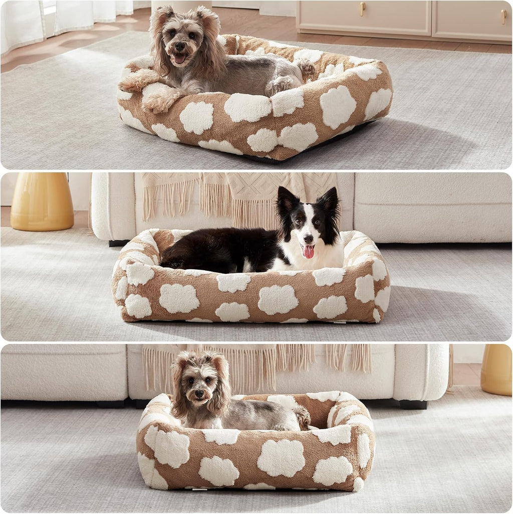 Small Dog Bed for Small Dogs, Rectangle Washable Orthopedic Dog Bed with Removable Zipper Cover, Cute Soft Calming Puppy Pet Bed with Jacquard Shaggy Plush & Non Skid Bottom