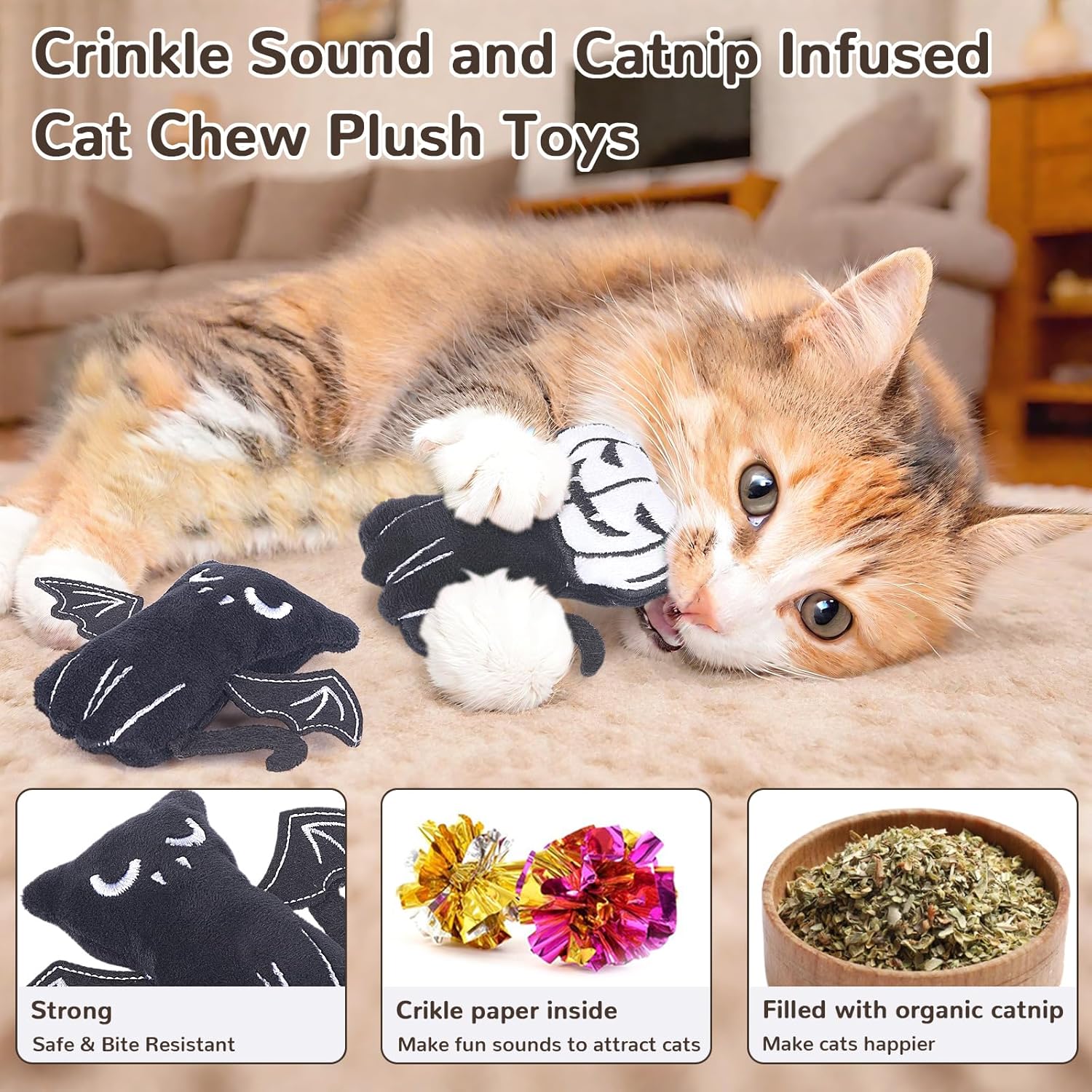 Cat Toys, Crinkly Catnip Toys for Indoor Cats Kitty Chew, Safe Teeth Cleaning Kitten Toy, Interactive Cat Nip Kicker Toy,
