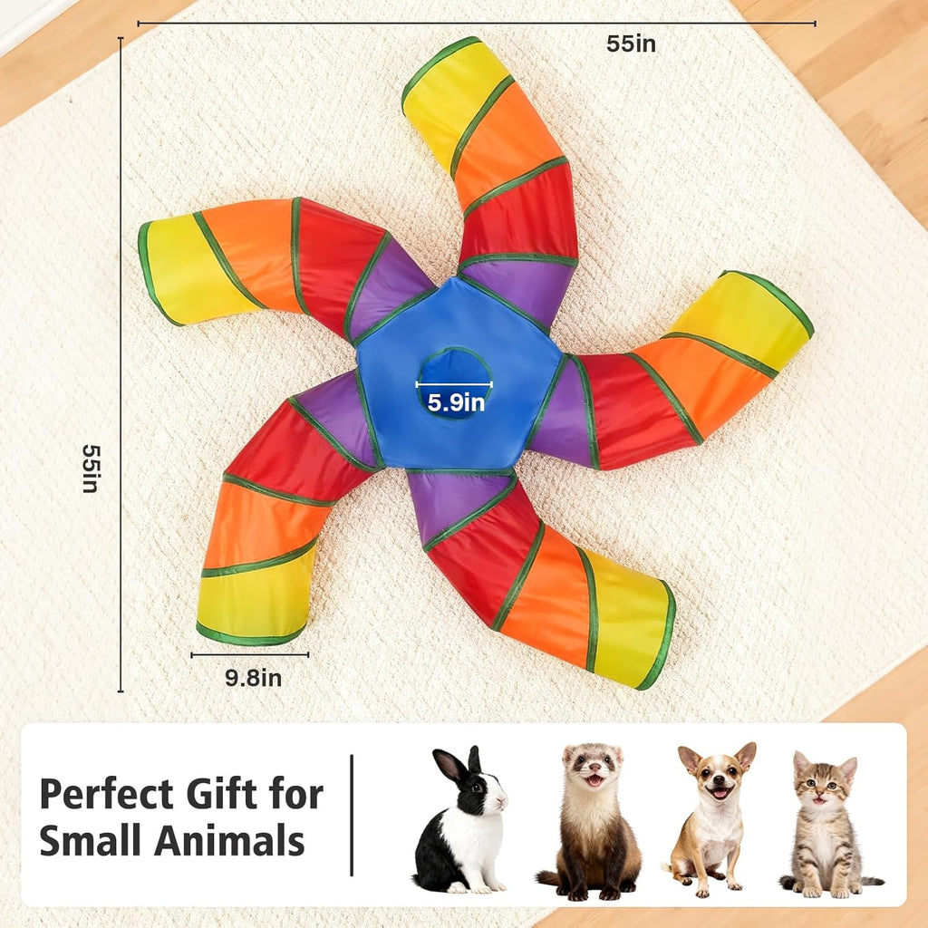 Cat Tunnels for Indoor Cats, Pet Tube Toy with Play Ball and Toy Mouse, Christmas S-Shape Collapsible Tunnel with Interactive Hole for Kitty, Kitten, Rabbit, Puppy (Rainbow)