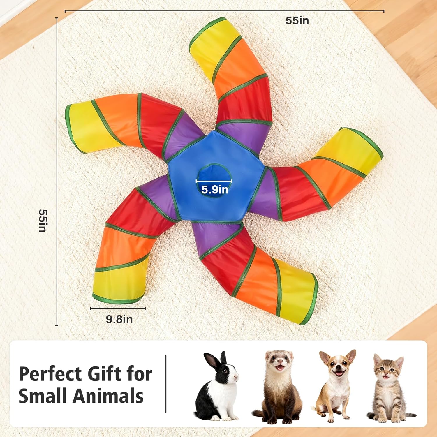 Cat Tunnels for Indoor Cats, Pet Tube Toy with Play Ball and Toy Mouse, Christmas S-Shape Collapsible Tunnel with Interactive Hole for Kitty, Kitten, Rabbit, Puppy (Rainbow)