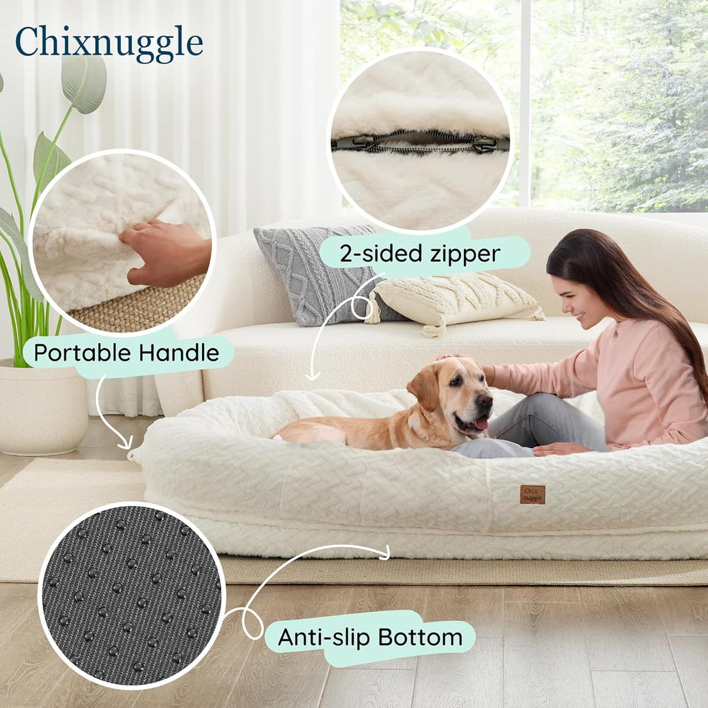 Human Dog Bed for Adult - Luxury Faux Fur Giant Size Dog Bed with Portable Handle, Egg Orthopedic Foam Bed with Blanket Ivory White