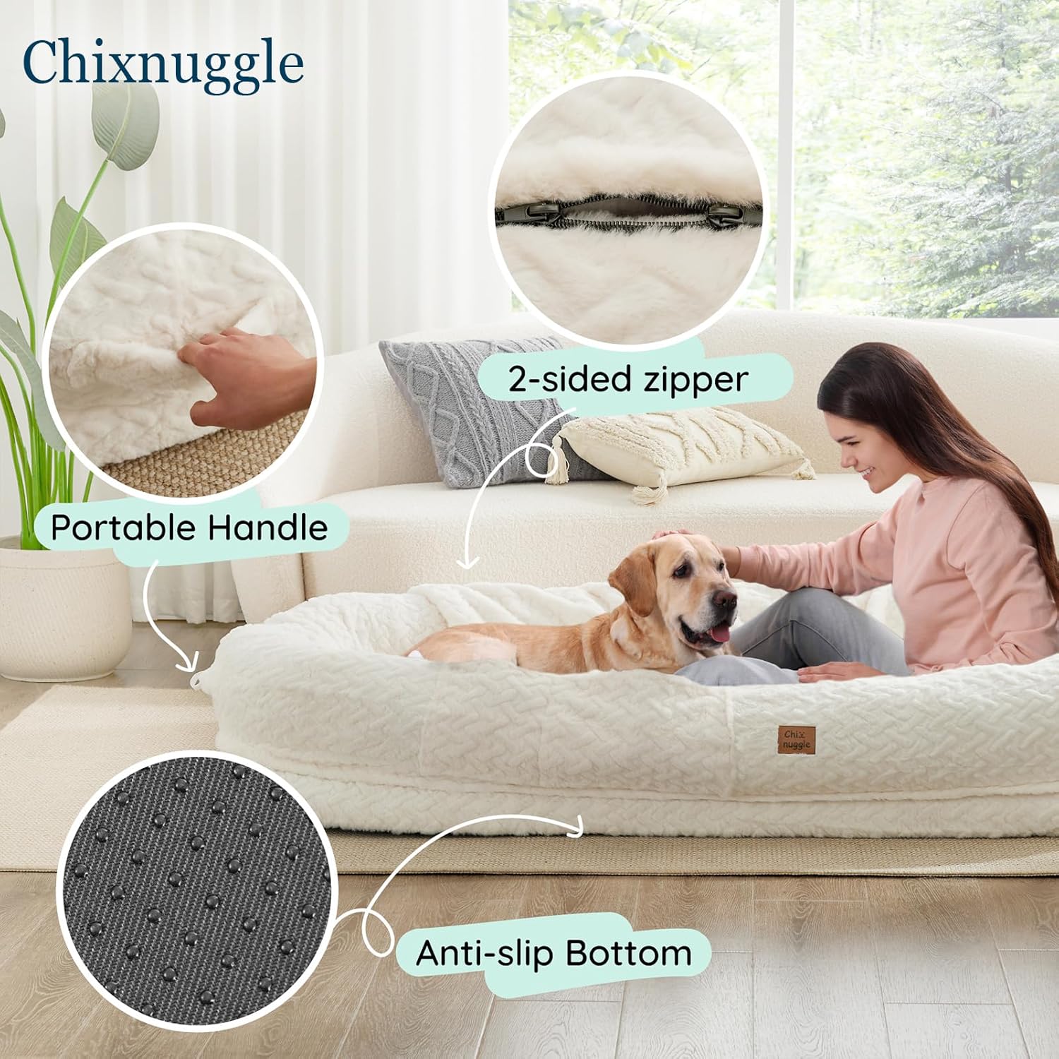 Human Dog Bed for Adult - Luxury Faux Fur Giant Size Dog Bed with Portable Handle, Egg Orthopedic Foam Bed with Blanket Ivory White