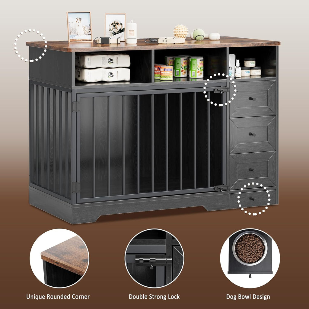 Dog Crate Furniture, Farmhouse Heavy Duty Dog Kennel with Bowl & Storage Drawers, Medium Dog Cage End Table for Small Medium Dogs, Black