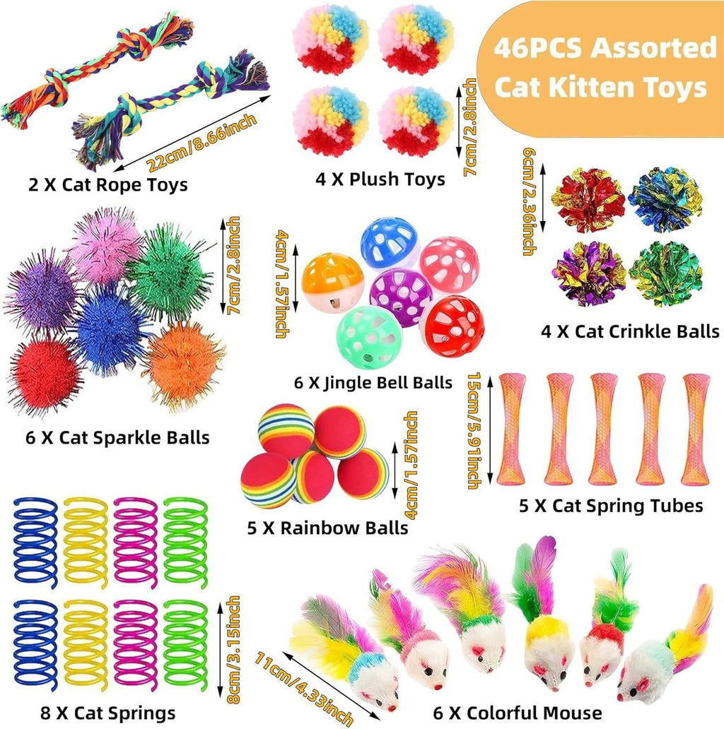 46 PCS Cat Toys for Indoor Cats, Kitten Toys with Cat Spring Toy, Mint Catnip with Crinkle Mouse Ball for Indoor Cats Kittens Exercise