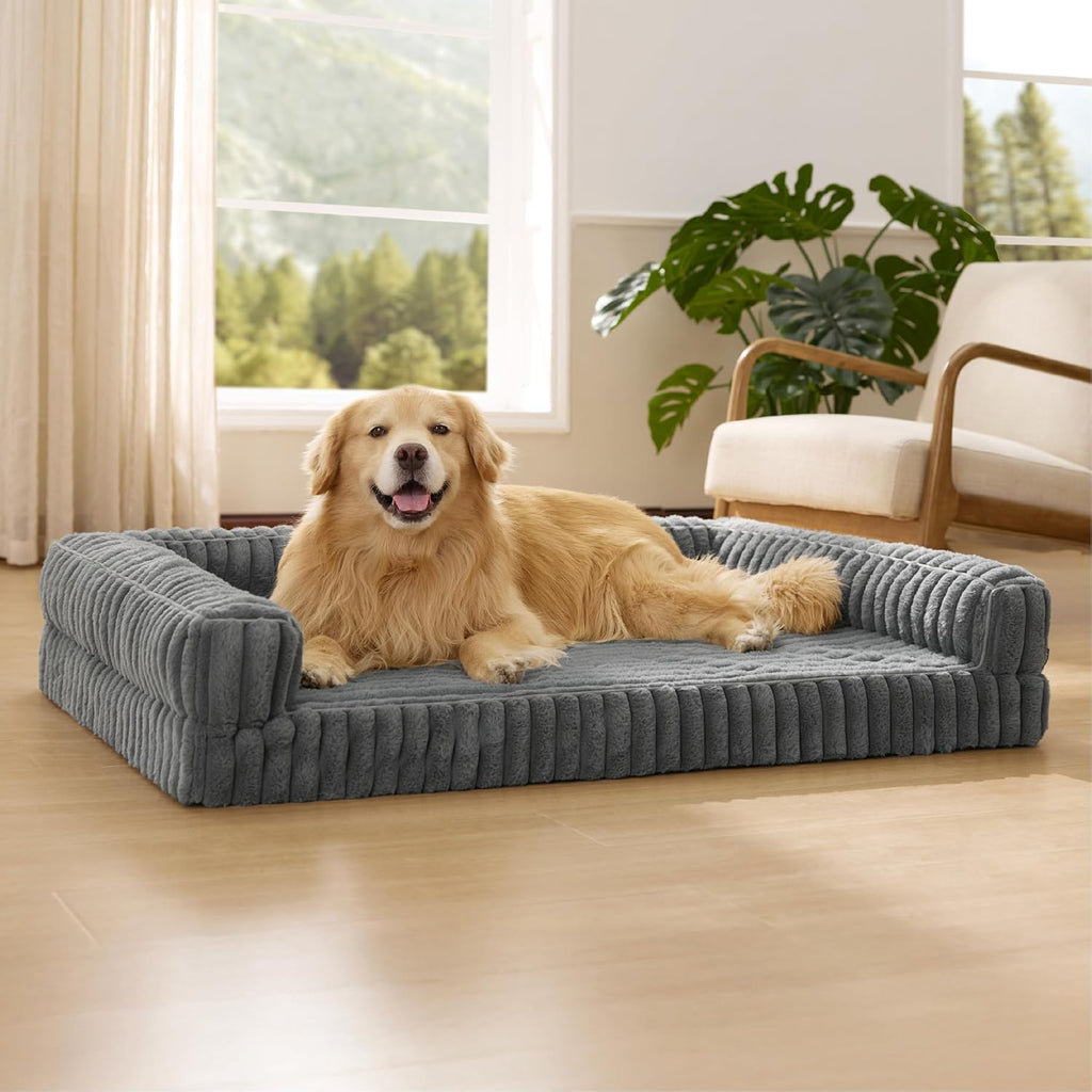Orthopedic Dog Beds for Extra Large Dogs, Waterproof Memory Foam XL Pet Bed with Sides, Non-Slip and Egg-Crate Foam Big Dog Couch Sofa with Washable Removable Corduroy Cover, Grey