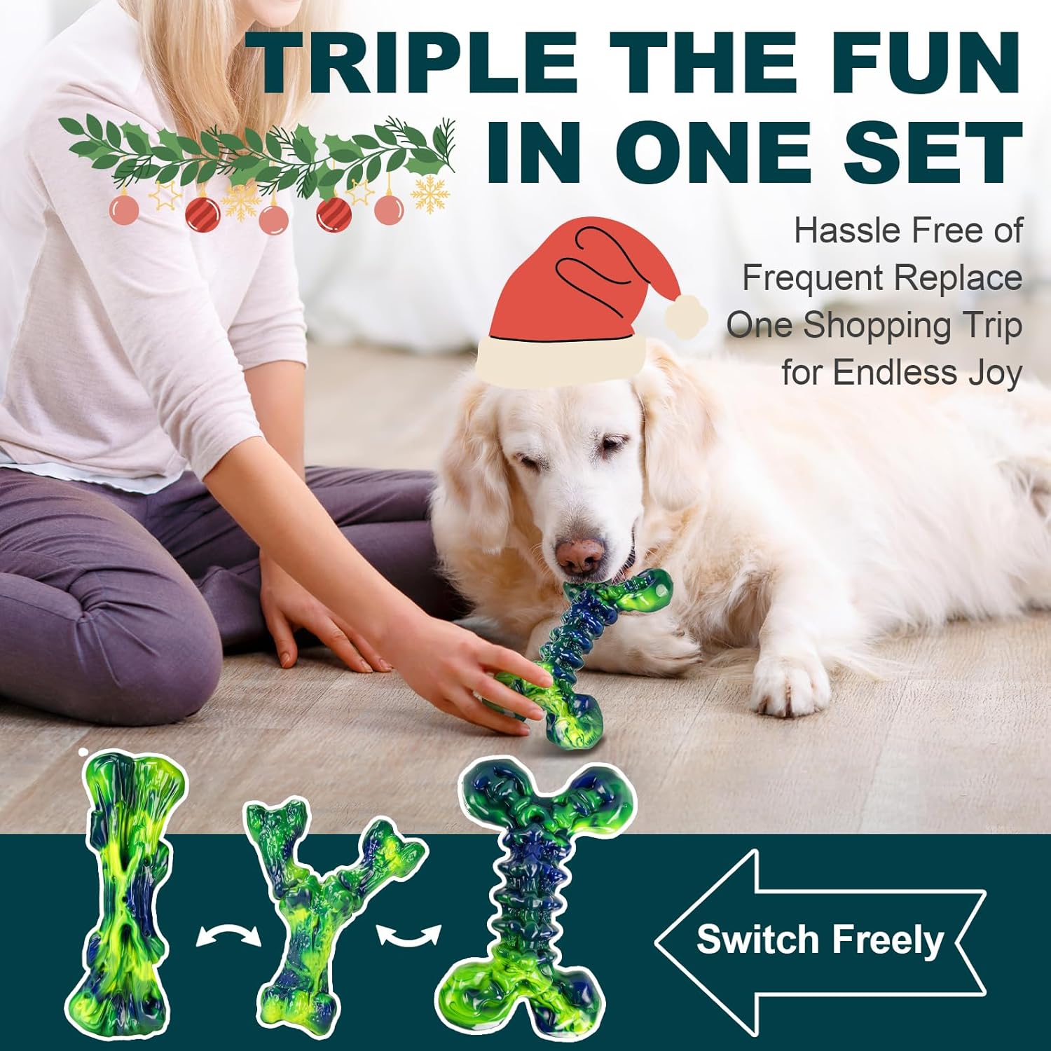 Indestructible Dog Chew Toys for Aggressive Chewers: 3-Pack Peanut Butter Nylon Chew Bones for Medium & Large Dogs 25–80 lbs, Tough Chewable Shapes, Long-Lasting Holiday Dog Gift (Green)