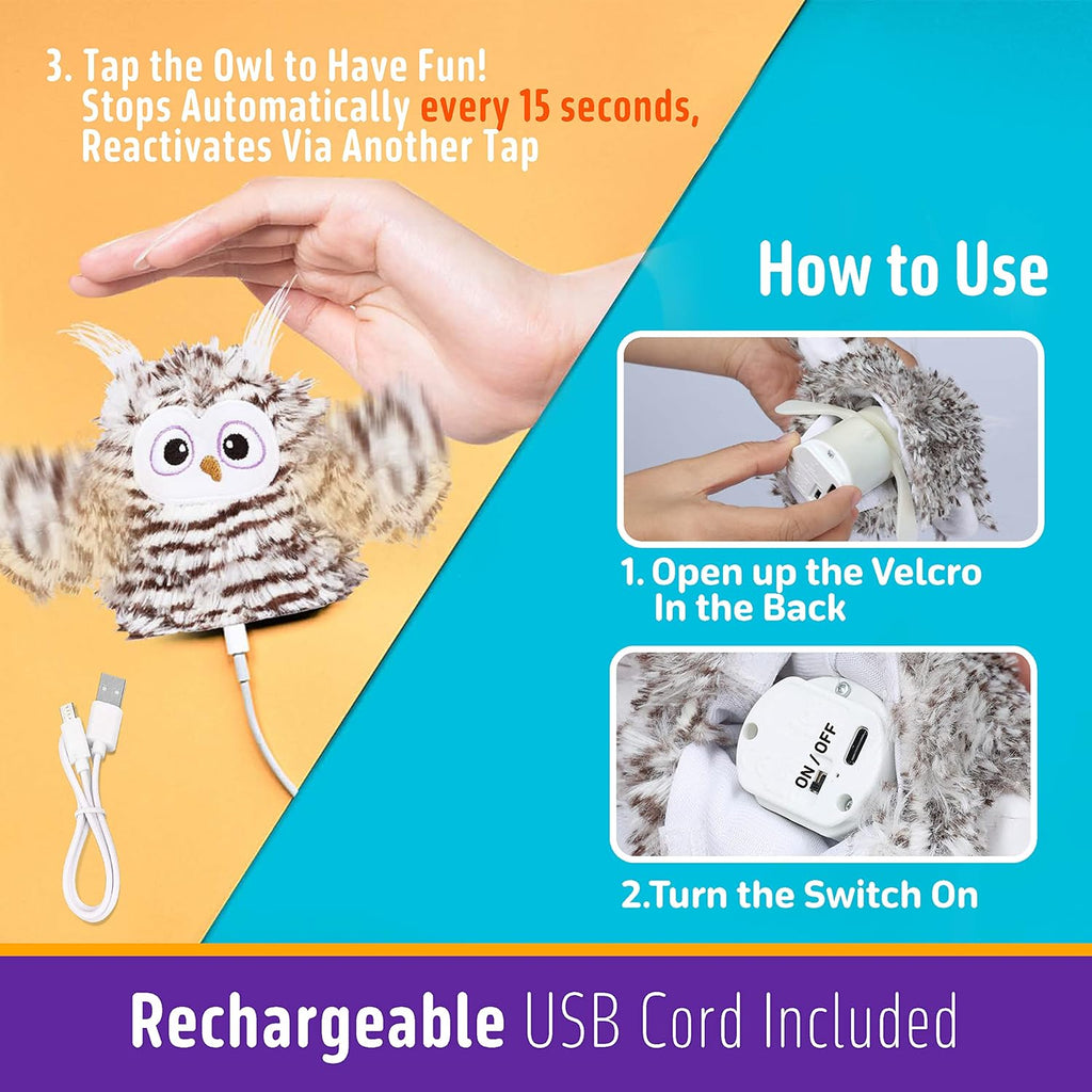 Interactive Cat Toy Rechargeable Automatic Chirping Owl Kitten Toy with Catnip, Auto Beating Wings Flying Bird Cat Toys for Indoor Cats to Play Alone, Never Boredom